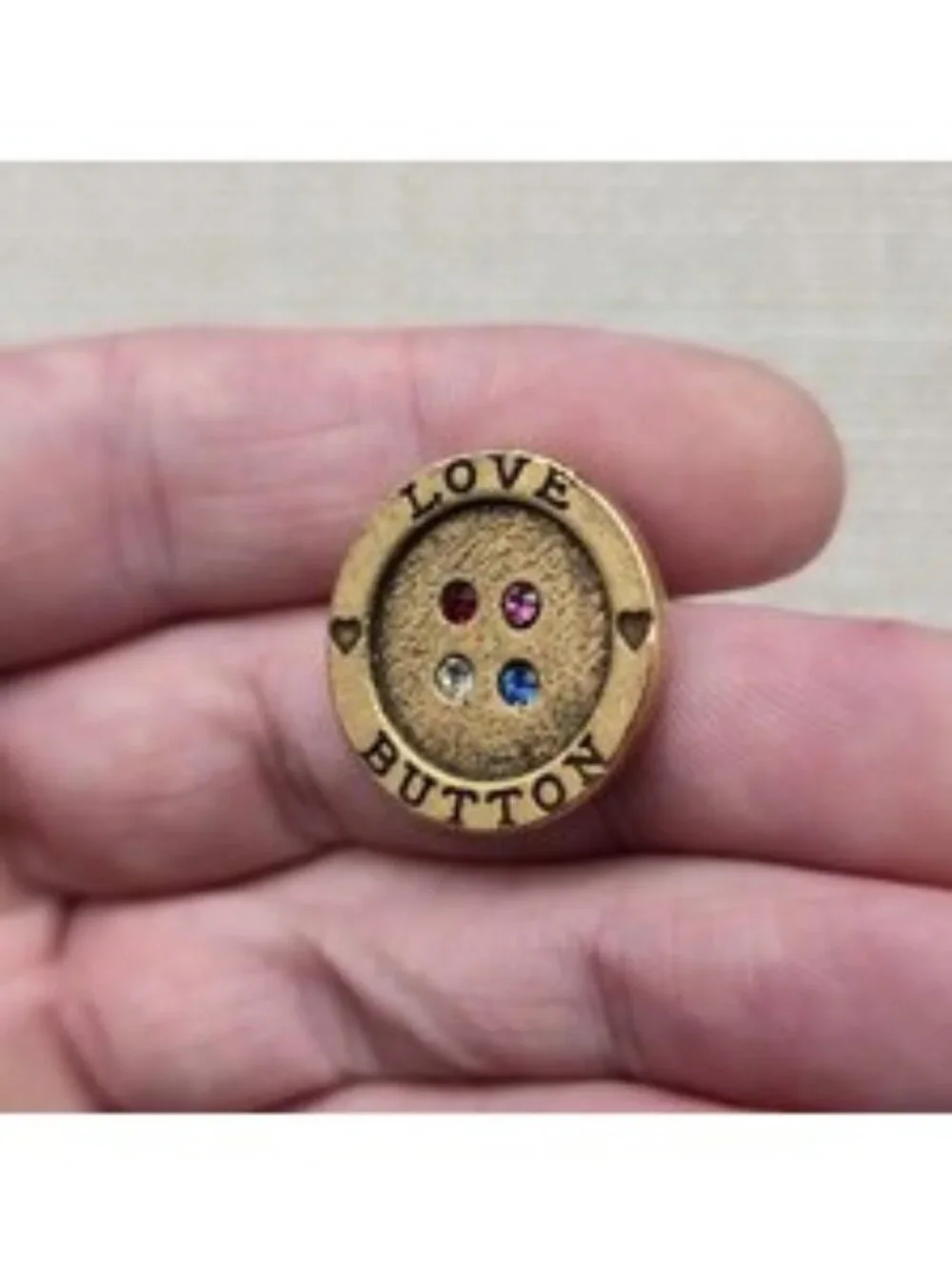 Vintage Gold Tone Love Button Rhinestone Gemstone Sewing Accent Lapel Pin A8340